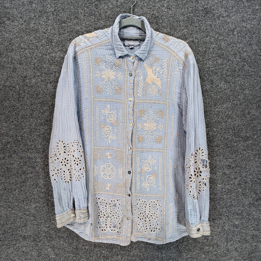 Johnny Was Workshop Button Down Women Medium Blue Embroidered Eyelet Cotton Boho